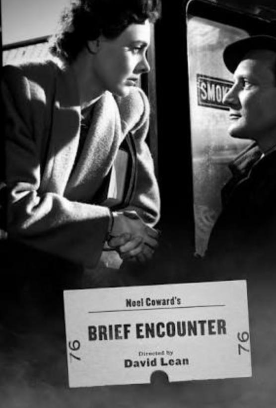 Image is a poster of the movie Brief Encounter. It shows a woman in a train window gazing into the eyes of a man standing on the station's platform. 
