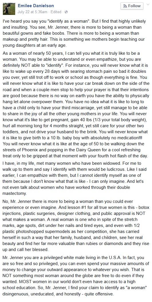 An open letter to Emilee Danielson on her post regarding Caitlyn An open letter to Emilee Danielson on her post regarding Caitlyn